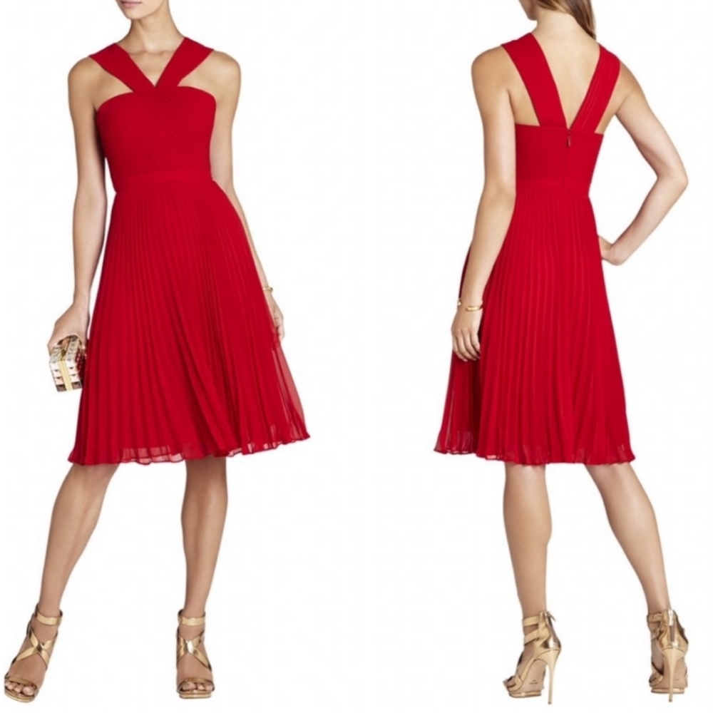 BCBGMaxAzria Red Pleated Fit-and-Flare Dress